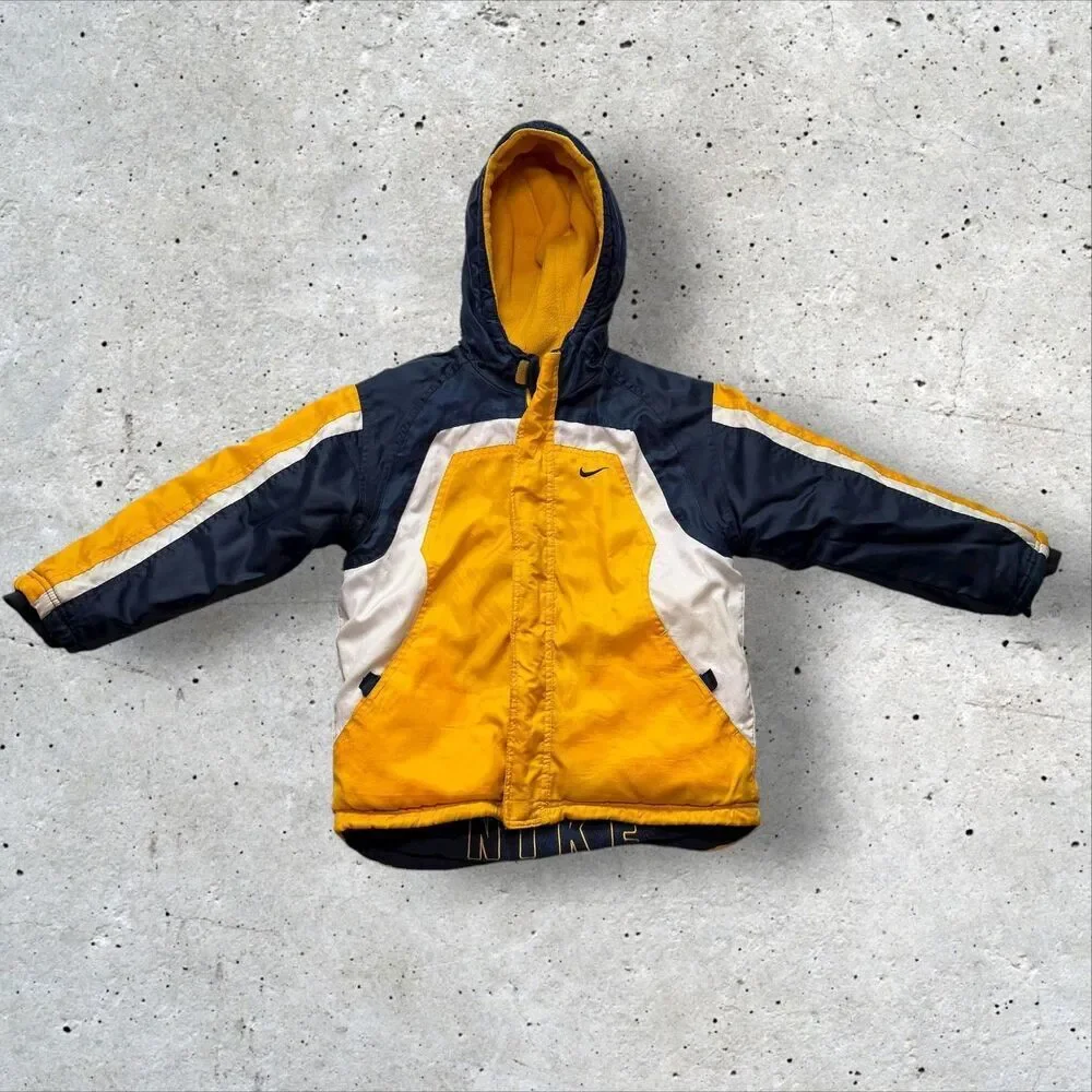 Kids Nike Hooded Jacket Yellow Blue Reversible Fleece Winter Coat Youth L y2k